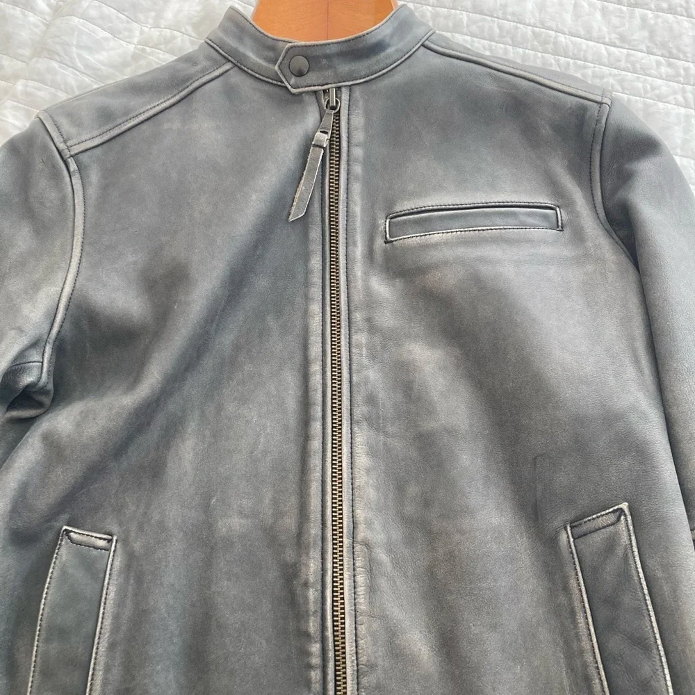 Men's Grey Leather Zip-Front Jacket